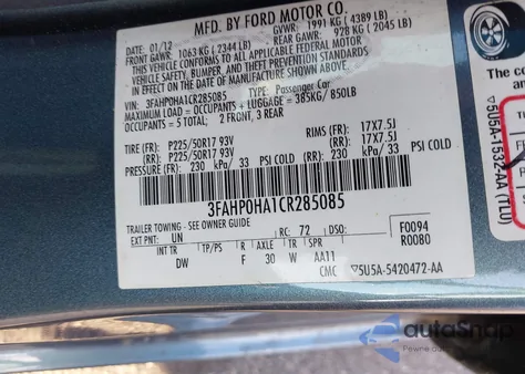 2012 Ford Fusion Se from USA, damaged, VIN 3FAHP0HA1CR285085
